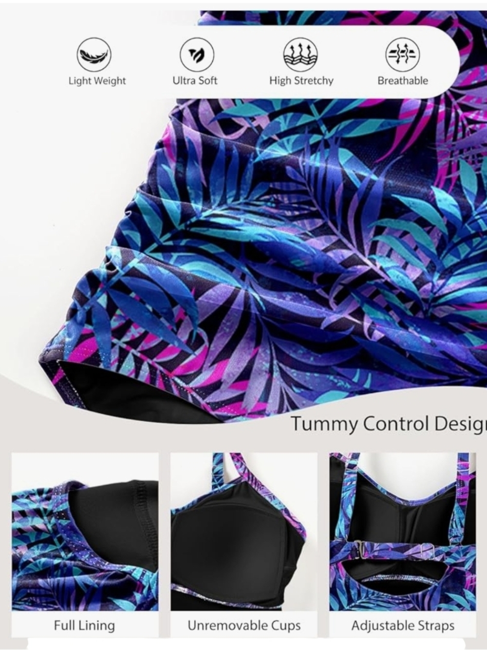 AQUA EVE - 22W Leaf Print Blue & Purple Tank One-Piece Swimsuit - Picture 6 of 9